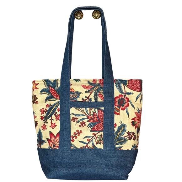 Handmade Denim & Floral Canvas Tote Bag with Pockets 13x14x6 - Picture 7 of 13
